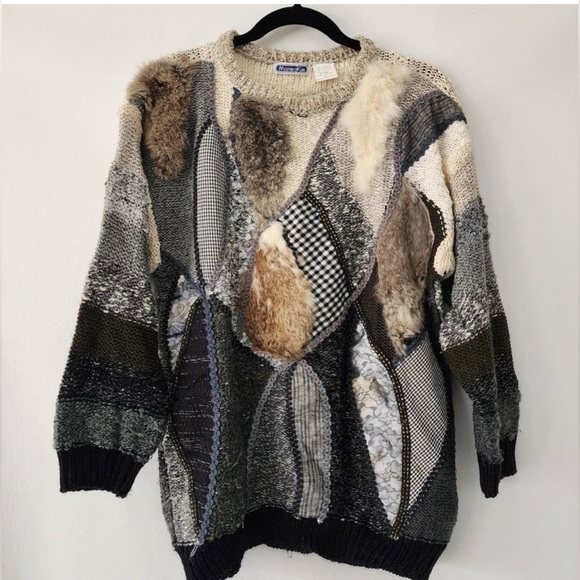 Vintage Mariea Kim wool blend rabbit fur mixed media sweater womens size M - Picture 1 of 9